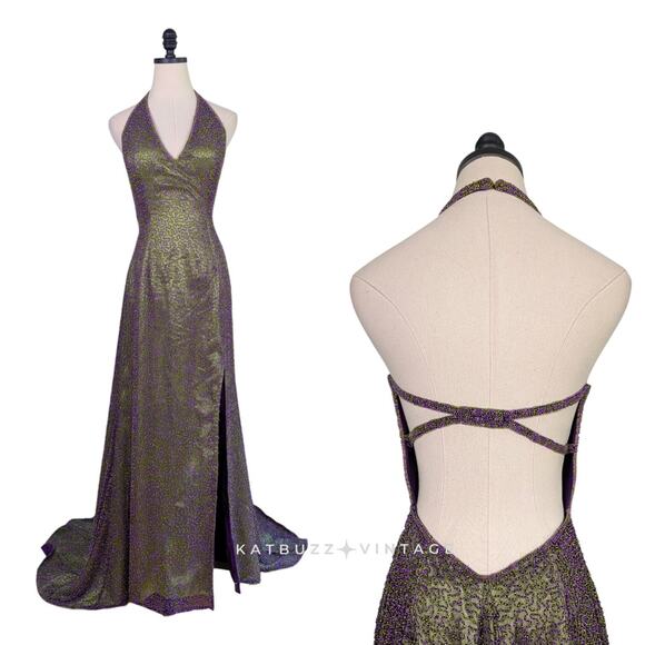 Je Matadi Prom Dress Maxi Gown 8 Purple Green Silk Bead Pageant Glam Train Y2K - Picture 3 of 16